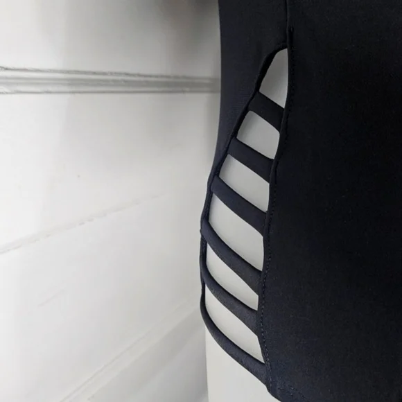 Express Black Halter Swimsuit W/Hip & Chest Cutouts Low CrissCross Back Sz S - Picture 3 of 8